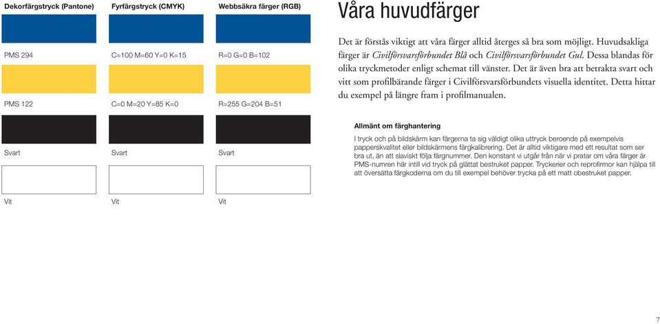 Det är även bra att betrakta svart och vitt som profilbärande färger i Civilförsvarsförbundets visuella identitet. Detta hittar du exempel på längre fram i profilmanualen.