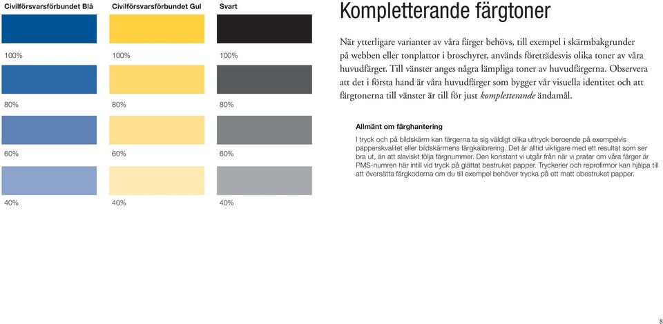 Observera att det i första hand är våra huvudfärger som bygger vår visuella identitet och att färgtonerna till vänster är till för just kompletterande ändamål.