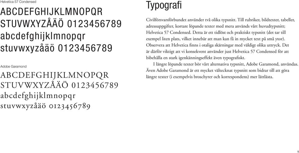 Till rubriker, bildtexter, tabeller, adressuppgifter, kortare löpande texter med mera används vårt huvudtypsnitt; Helvetica 57 Condensed.