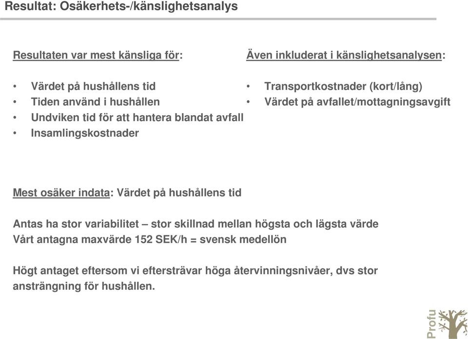 Insamlingskostnader Mest osäker indata: Värdet på hushållens tid Antas ha stor variabilitet stor skillnad mellan högsta och lägsta värde