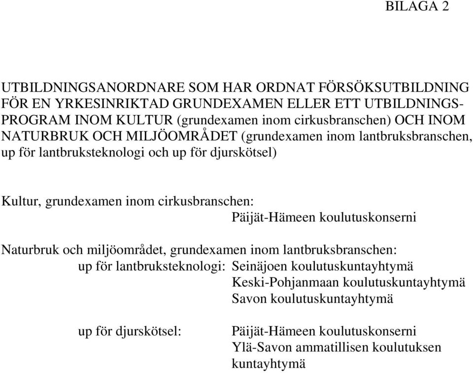 inom cirkusbranschen: Päijät-Hämeen koulutuskonserni Naturbruk och miljöområdet, grundexamen inom lantbruksbranschen: up för lantbruksteknologi: Seinäjoen