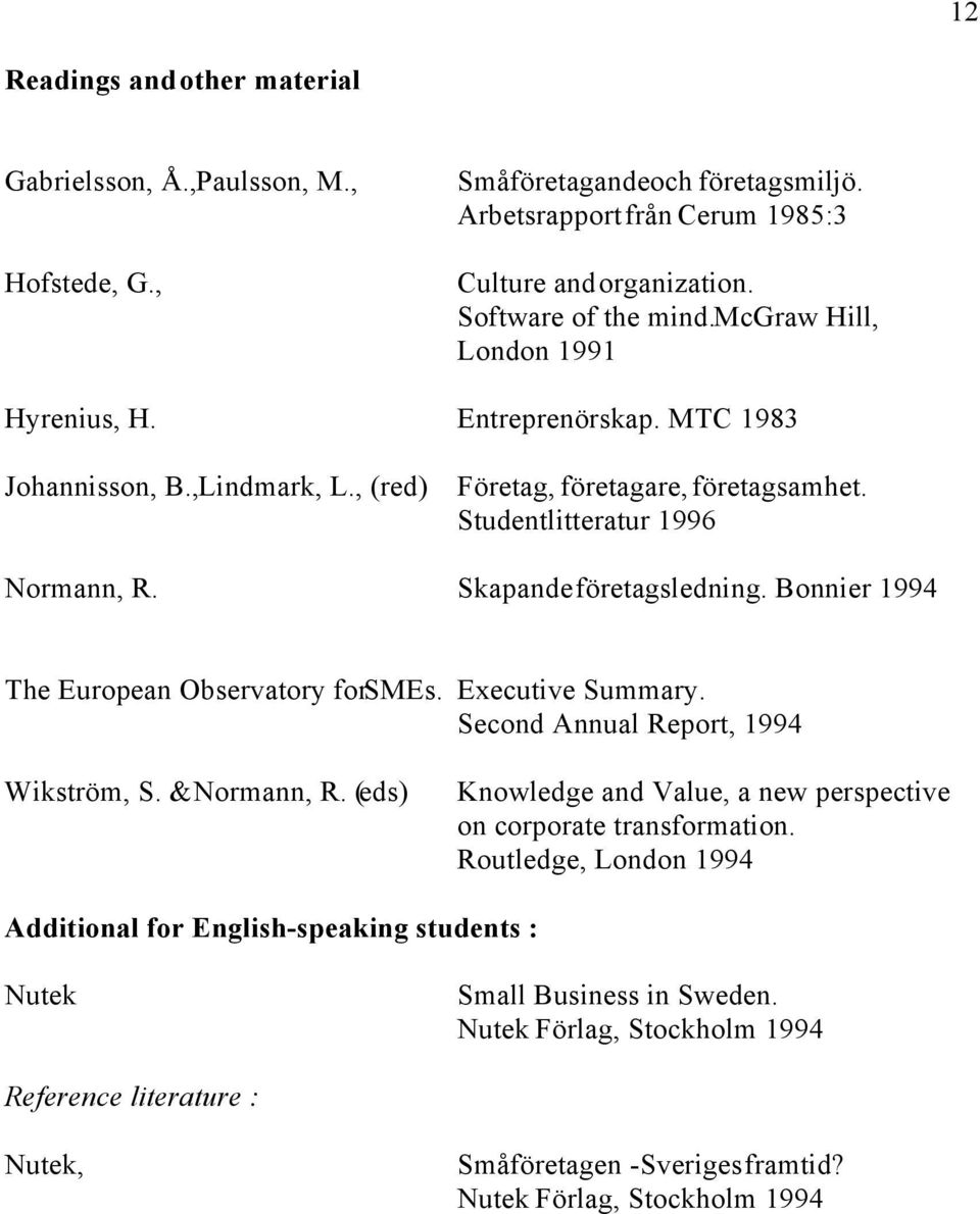 Bonnier 1994 The European Observatory for SMEs. Executive Summary. Second Annual Report, 1994 Wikström, S. & Normann, R. (eds) Knowledge and Value, a new perspective on corporate transformation.