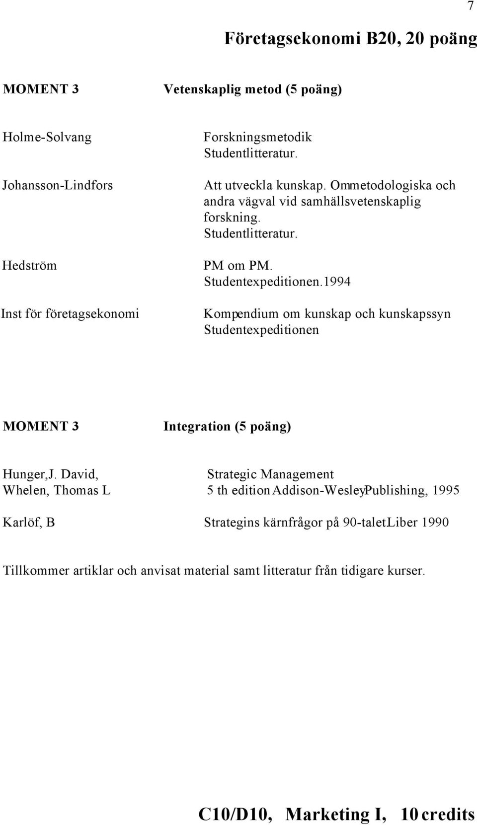 1994 Kompendium om kunskap och kunskapssyn Studentexpeditionen MOMENT 3 Integration (5 poäng) Hunger,J.