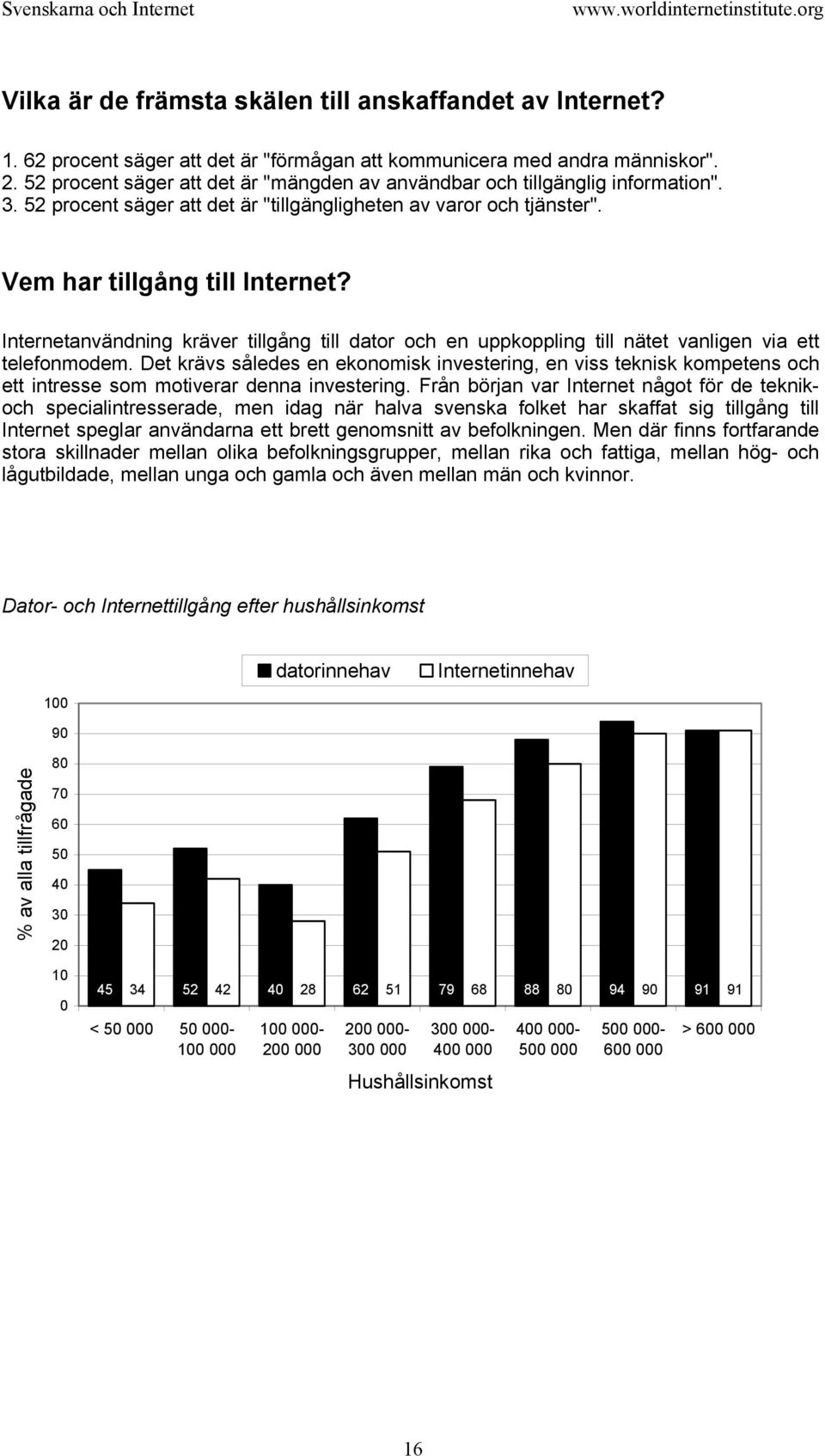 Internetanvändning kräver tillgång till dator och en uppkoppling till nätet vanligen via ett telefonmodem.