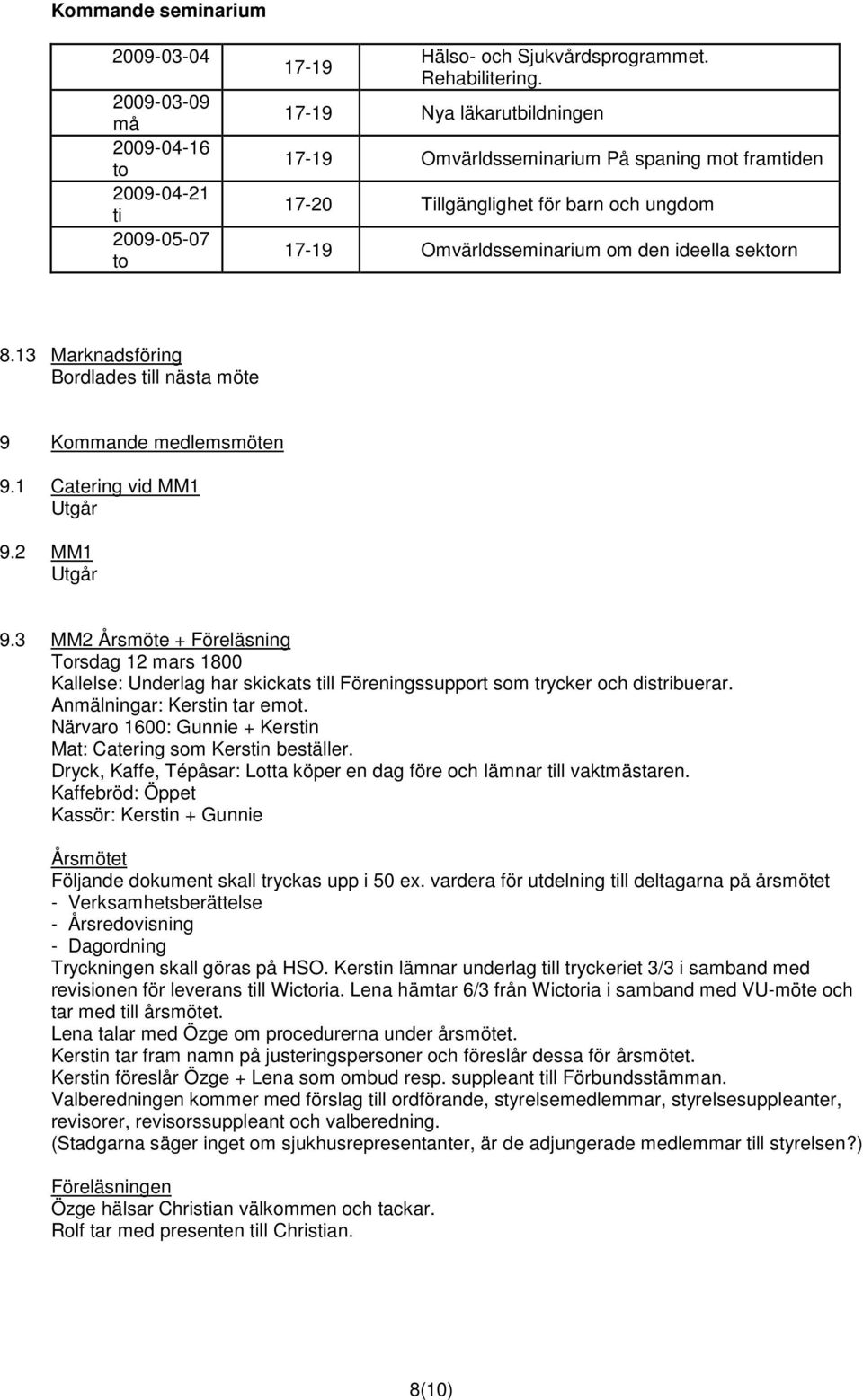 13 Marknadsföring Bordlades till nästa möte 9 Kommande medlemsmöten 9.1 Catering vid MM1 Utgår 9.2 MM1 Utgår 9.