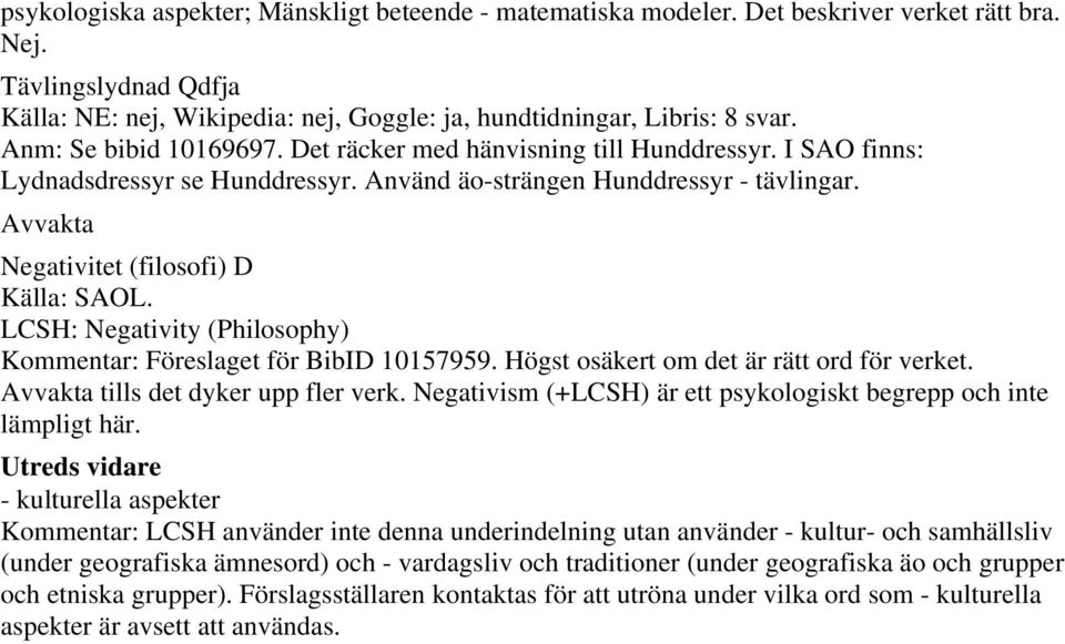 Avvakta Negativitet (filosofi) D Källa: SAOL. LCSH: Negativity (Philosophy) Kommentar: Föreslaget för BibID 10157959. Högst osäkert om det är rätt ord för verket.