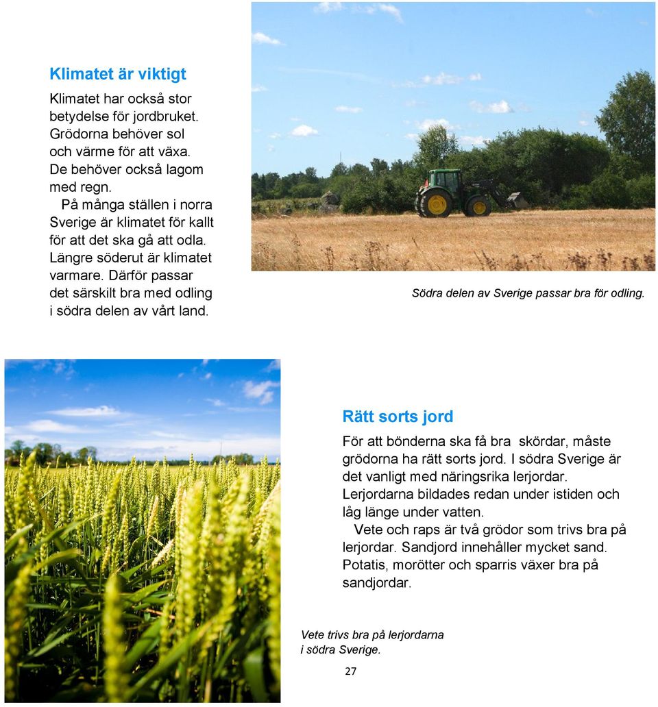 Södra delen av Sverige passar bra för odling. Rätt sorts jord För att bönderna ska få bra skördar, måste grödorna ha rätt sorts jord. I södra Sverige är det vanligt med näringsrika lerjordar.
