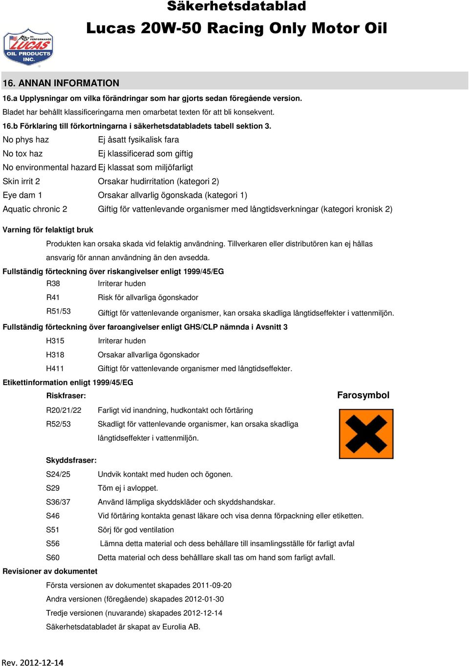 allvarlig ögonskada (kategori 1) Aquatic chronic 2 Giftig för vattenlevande organismer med långtidsverkningar (kategori kronisk 2) Varning för felaktigt bruk Produkten kan orsaka skada vid felaktig