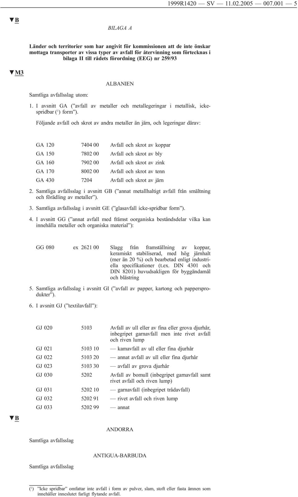 förordning (EEG) nr 259/93 ALBANIEN utom: 1. I avsnitt GA ( avfall av metaller och metallegeringar i metallisk, ickespridbar ( 1 ) form ).