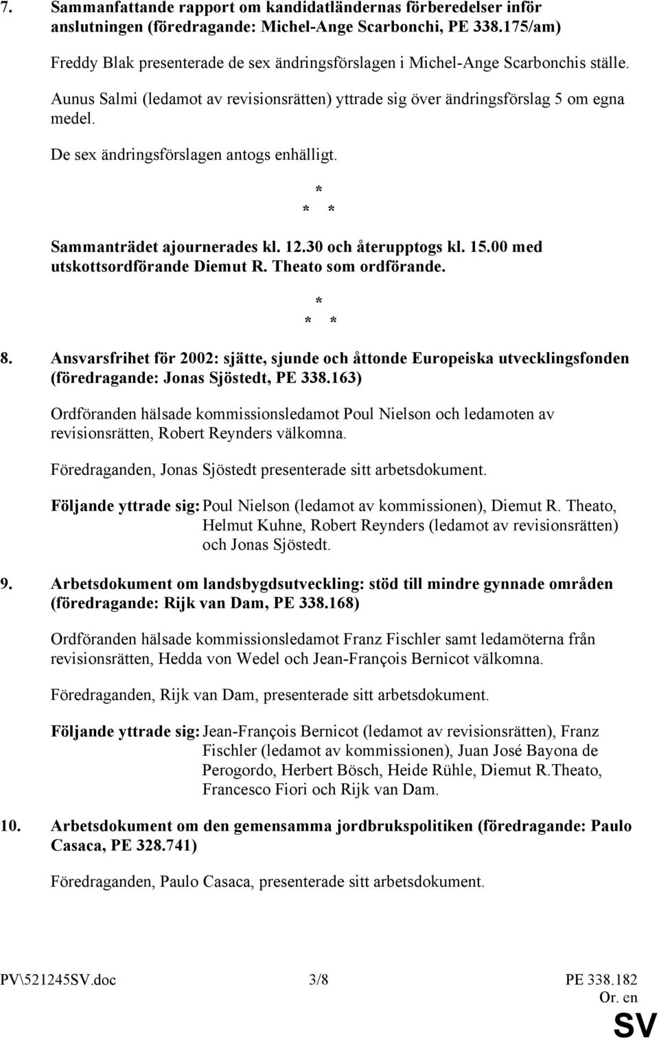 De sex ändringsförslagen antogs enhälligt. Sammanträdet ajournerades kl. 12.30 och återupptogs kl. 15.00 med utskottsordförande Diemut R. Theato som ordförande. 8.