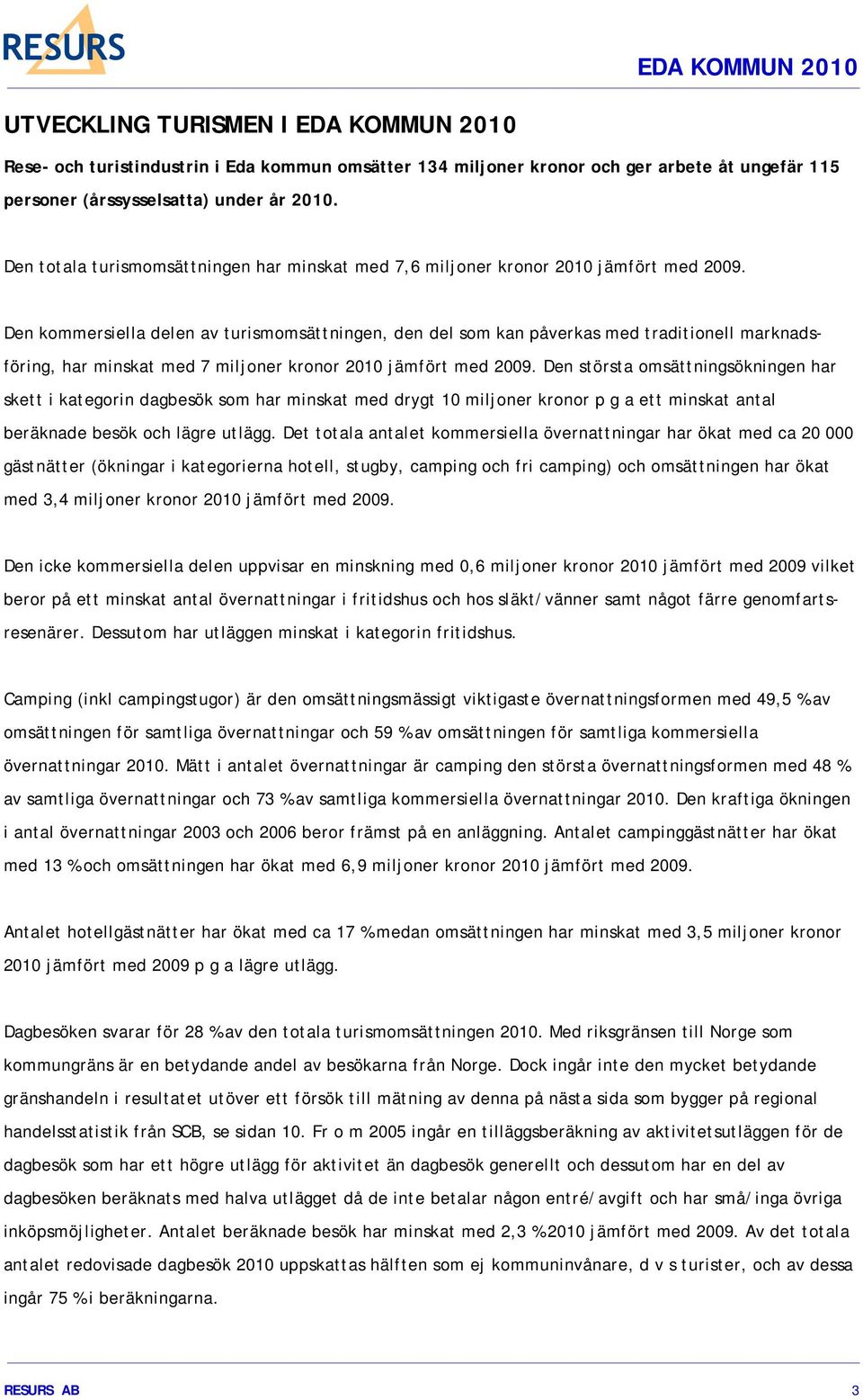 Den kommersiella delen av turismomsättningen, den del som kan påverkas med traditionell marknadsföring, har minskat med 7 miljoner kronor 2010 jämfört med 2009.