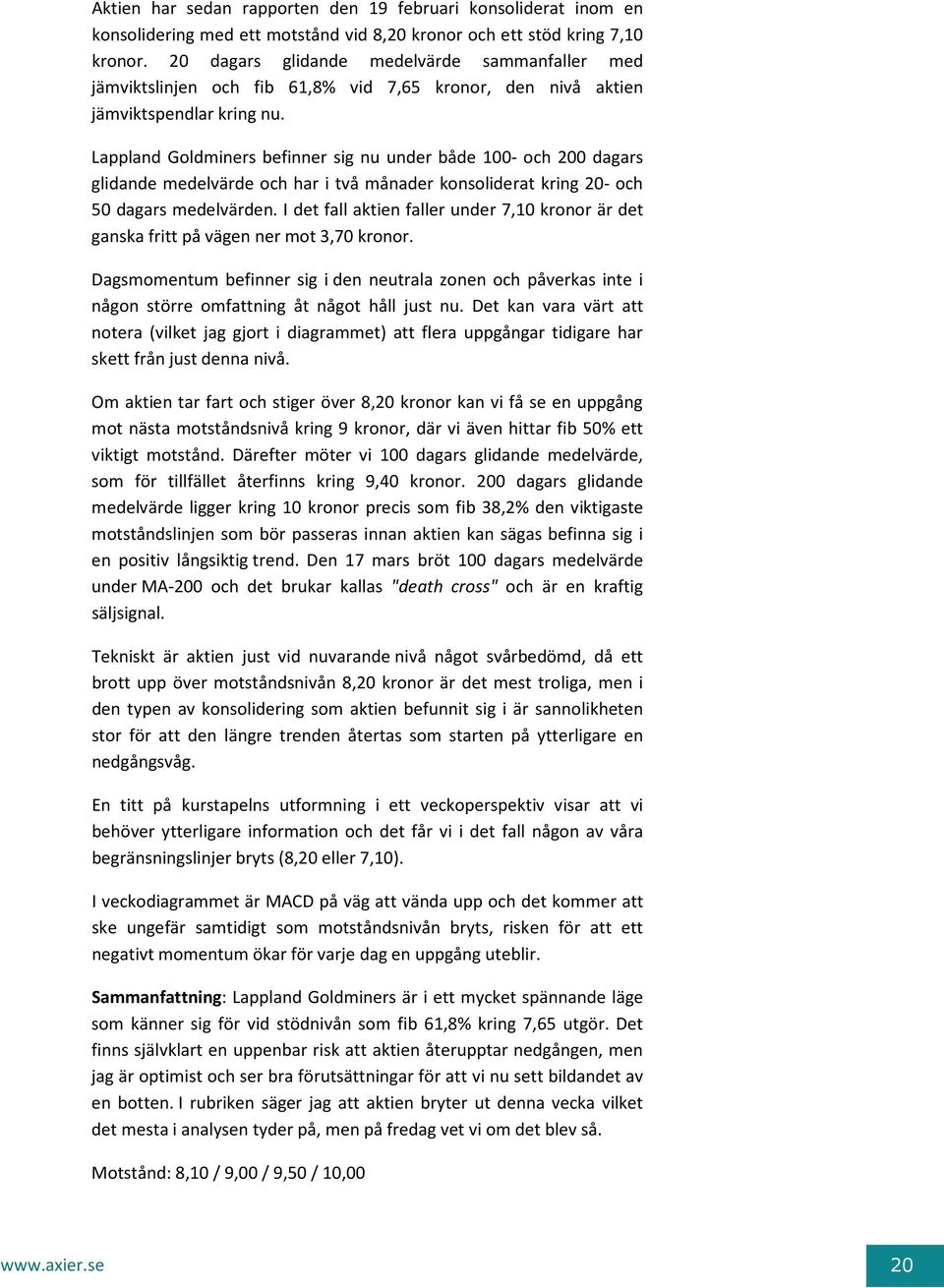 Lappland Goldminers befinner sig nu under både 100- och 200 dagars glidande medelvärde och har i två månader konsoliderat kring 20- och 50 dagars medelvärden.