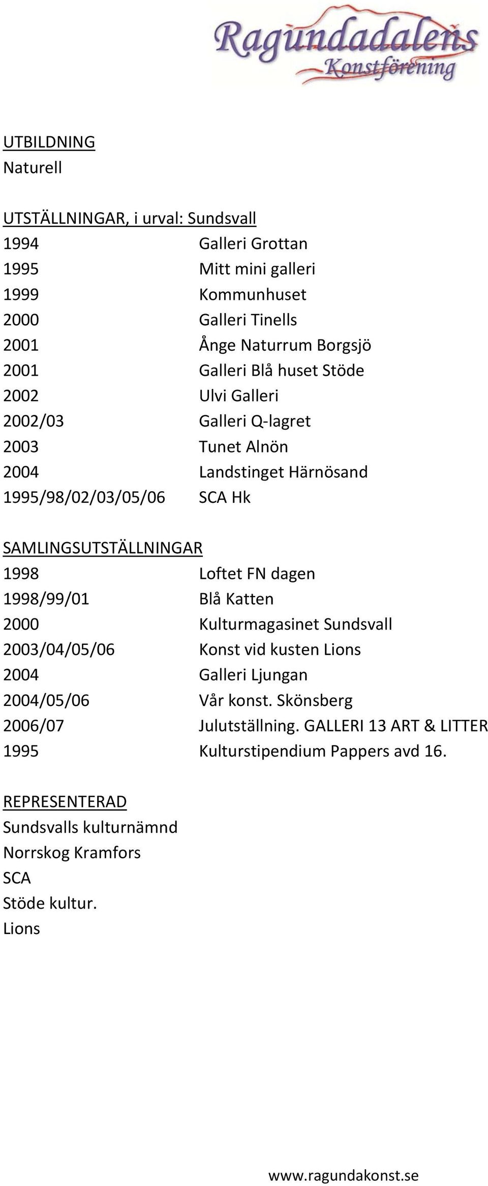 SAMLINGSUTSTÄLLNINGAR 1998 Loftet FN dagen 1998/99/01 Blå Katten 2000 Kulturmagasinet Sundsvall 2003/04/05/06 Konst vid kusten Lions 2004 Galleri Ljungan