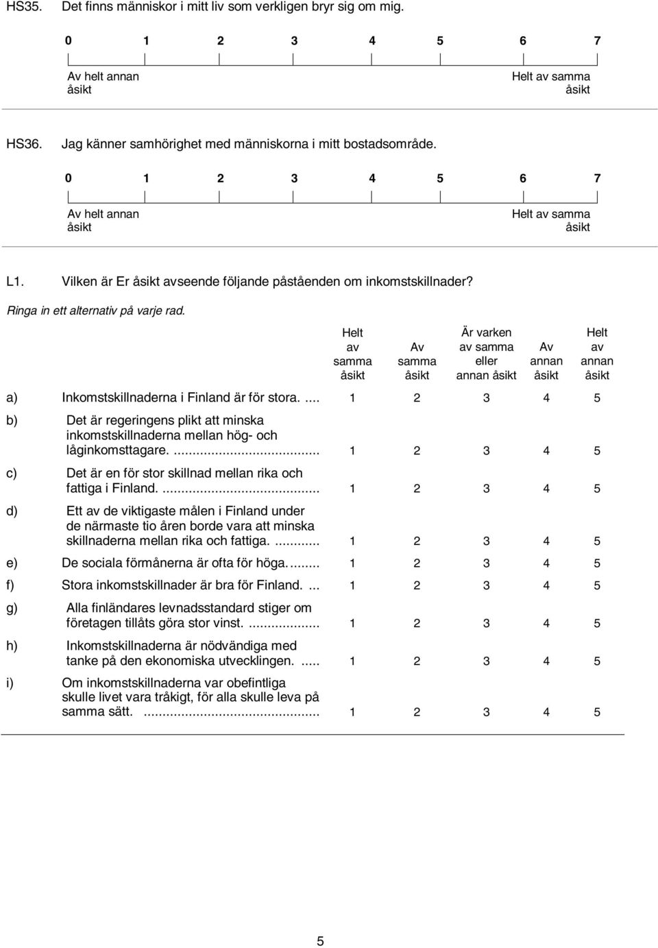 ... 1 2 3 4 5 b) Det är regeringens plikt att minska inkomstskillnaderna mellan hög- och låginkomsttagare.... 1 2 3 4 5 c) Det är en för stor skillnad mellan rika och fattiga i Finland.