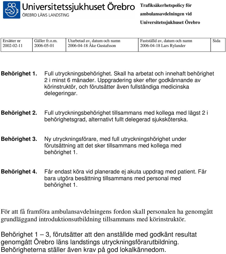 Full utryckningsbehörighet tillsammans med kollega med lägst 2 i behörighetsgrad, alternativt fullt delegerad sjuksköterska. Behörighet 3.
