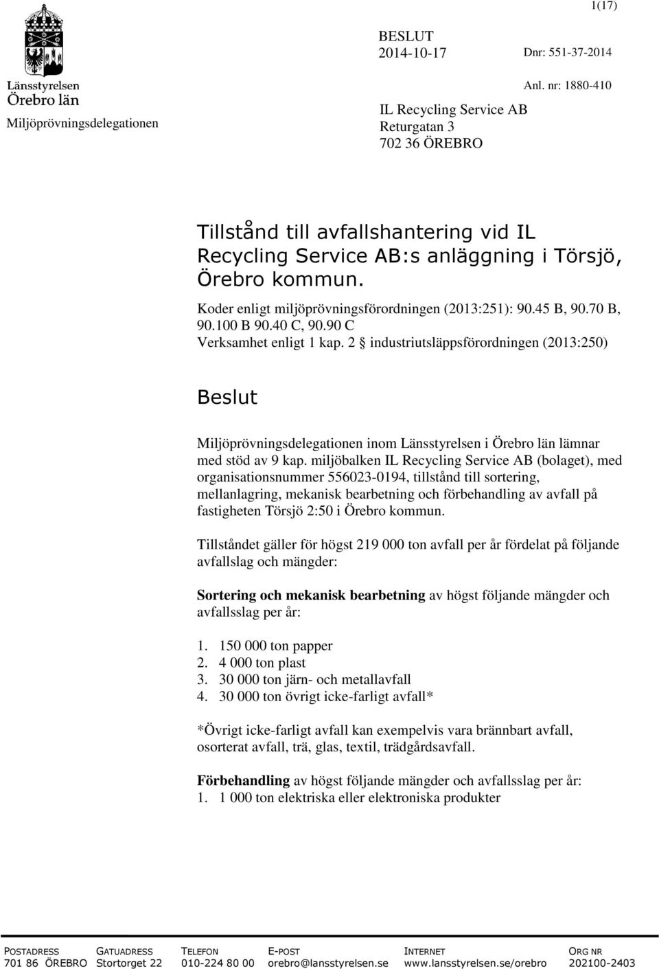 2 industriutsläppsförordningen (2013:250) Beslut Miljöprövningsdelegationen inom Länsstyrelsen i Örebro län lämnar med stöd av 9 kap.