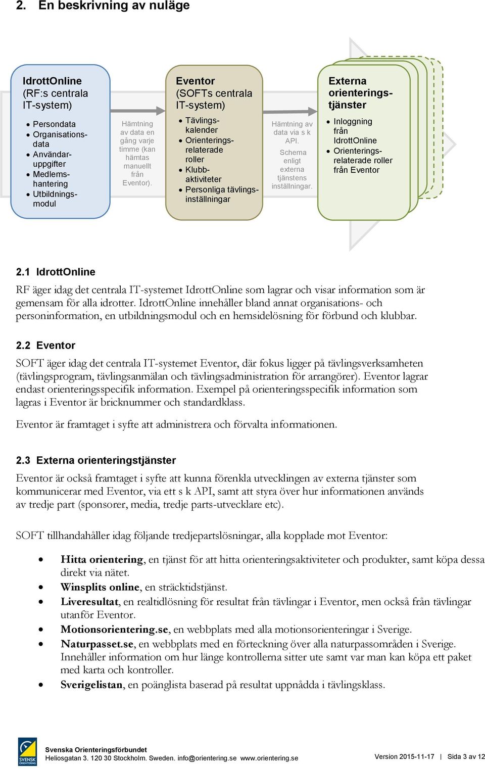 Tävlingskalender Orienteringsrelaterade roller Klubbaktiviteter Personliga tävlingsinställningar Hämtning av data via s k API. Schema enligt externa tjänstens inställningar.