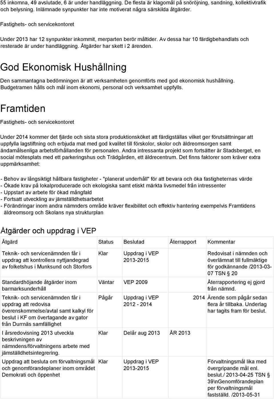 God Ekonomisk Hushållning Den sammantagna bedömningen är att verksamheten genomförts med god ekonomisk hushållning. Budgetramen hålls och mål inom ekonomi, personal och verksamhet uppfylls.