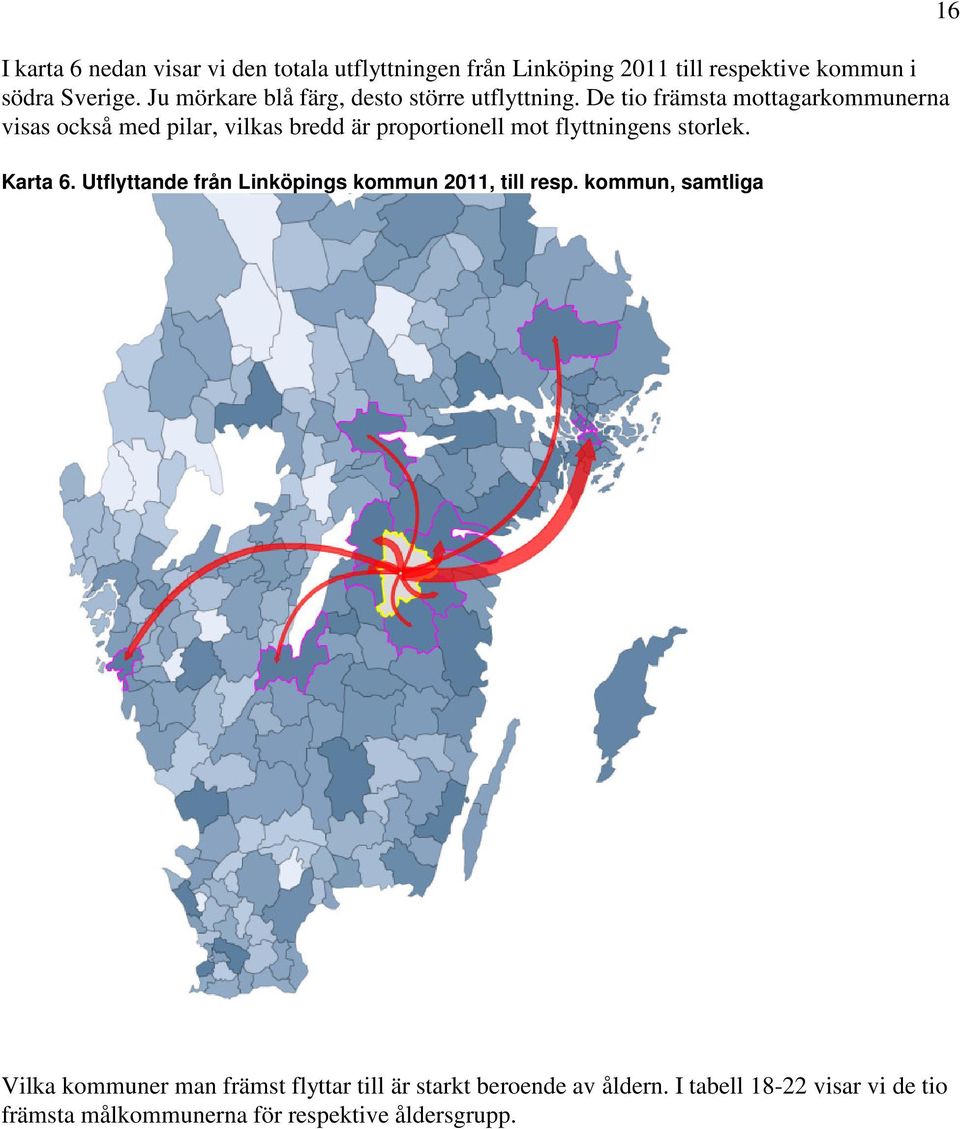 De tio främsta mottagarkommunerna visas också med pilar, vilkas bredd är proportionell mot flyttningens storlek. Karta 6.