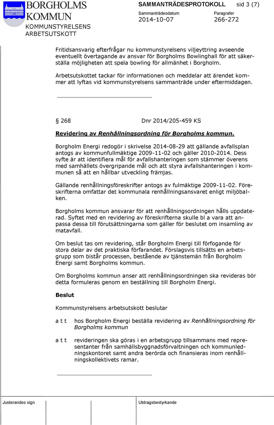 268 Dnr 2014/205-459 KS Revidering av Renhållningsordning för Borgholms kommun.