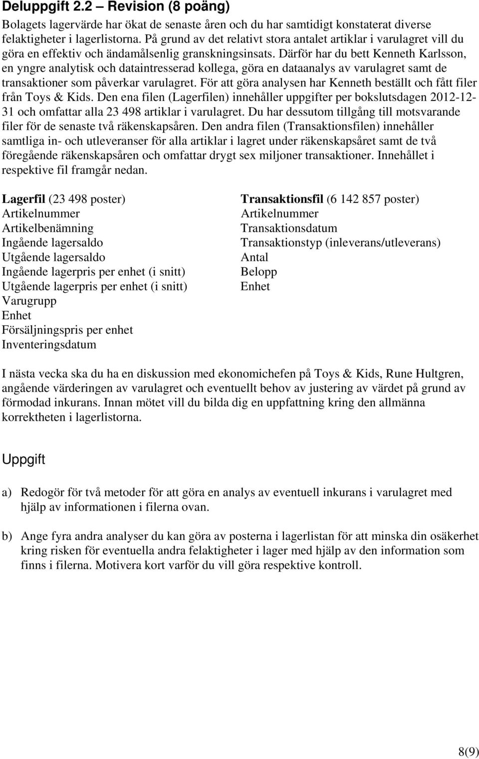 Därför har du bett Kenneth Karlsson, en yngre analytisk och dataintresserad kollega, göra en dataanalys av varulagret samt de transaktioner som påverkar varulagret.