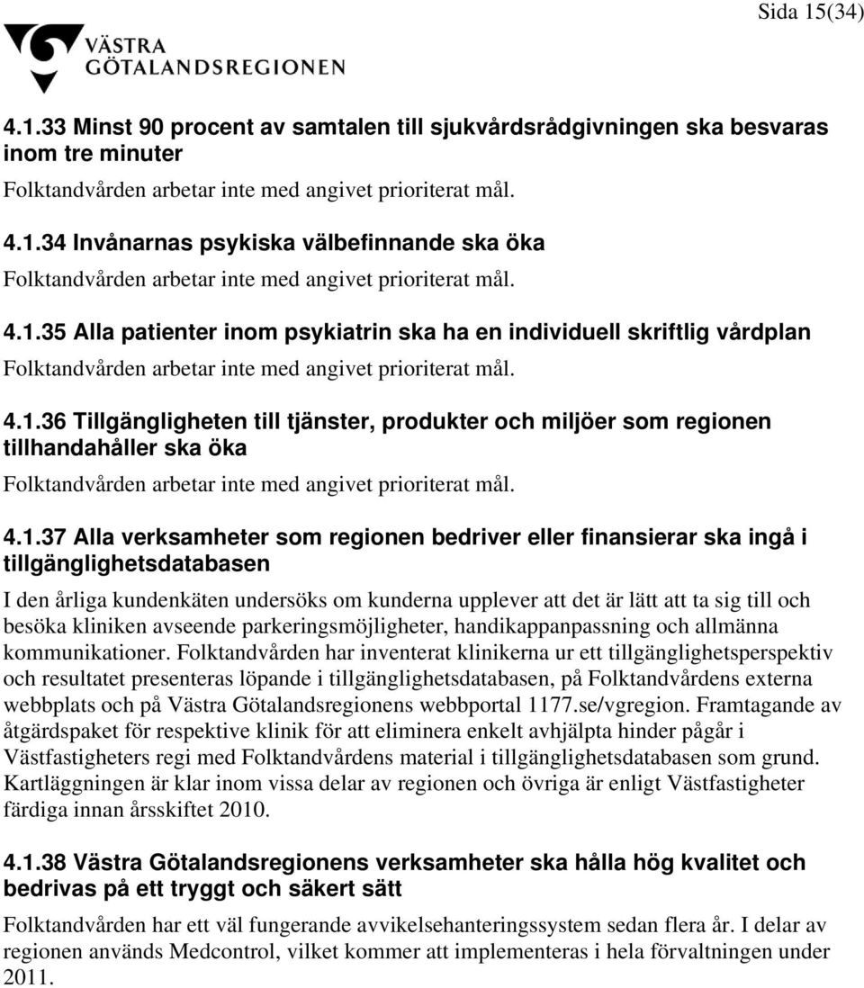 4.1.37 Alla verksamheter som regionen bedriver eller finansierar ska ingå i tillgänglighetsdatabasen I den årliga kundenkäten undersöks om kunderna upplever att det är lätt att ta sig till och besöka