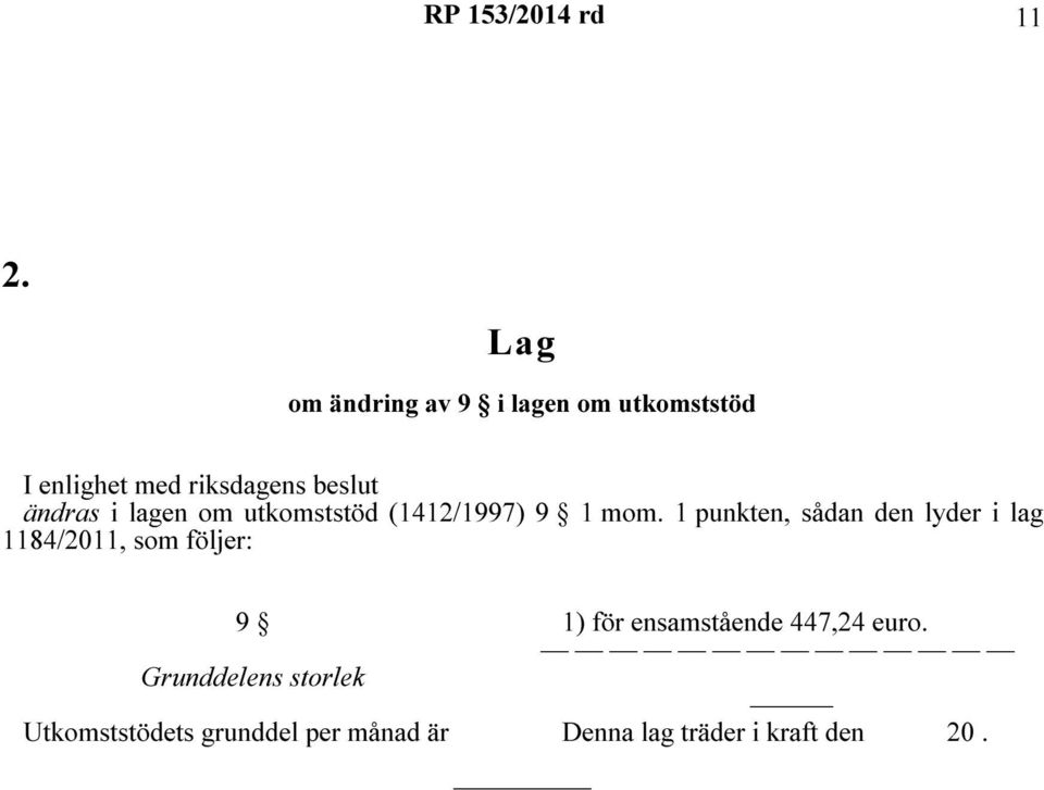 ändras i lagen om utkomststöd (1412/1997) 9 1 mom.