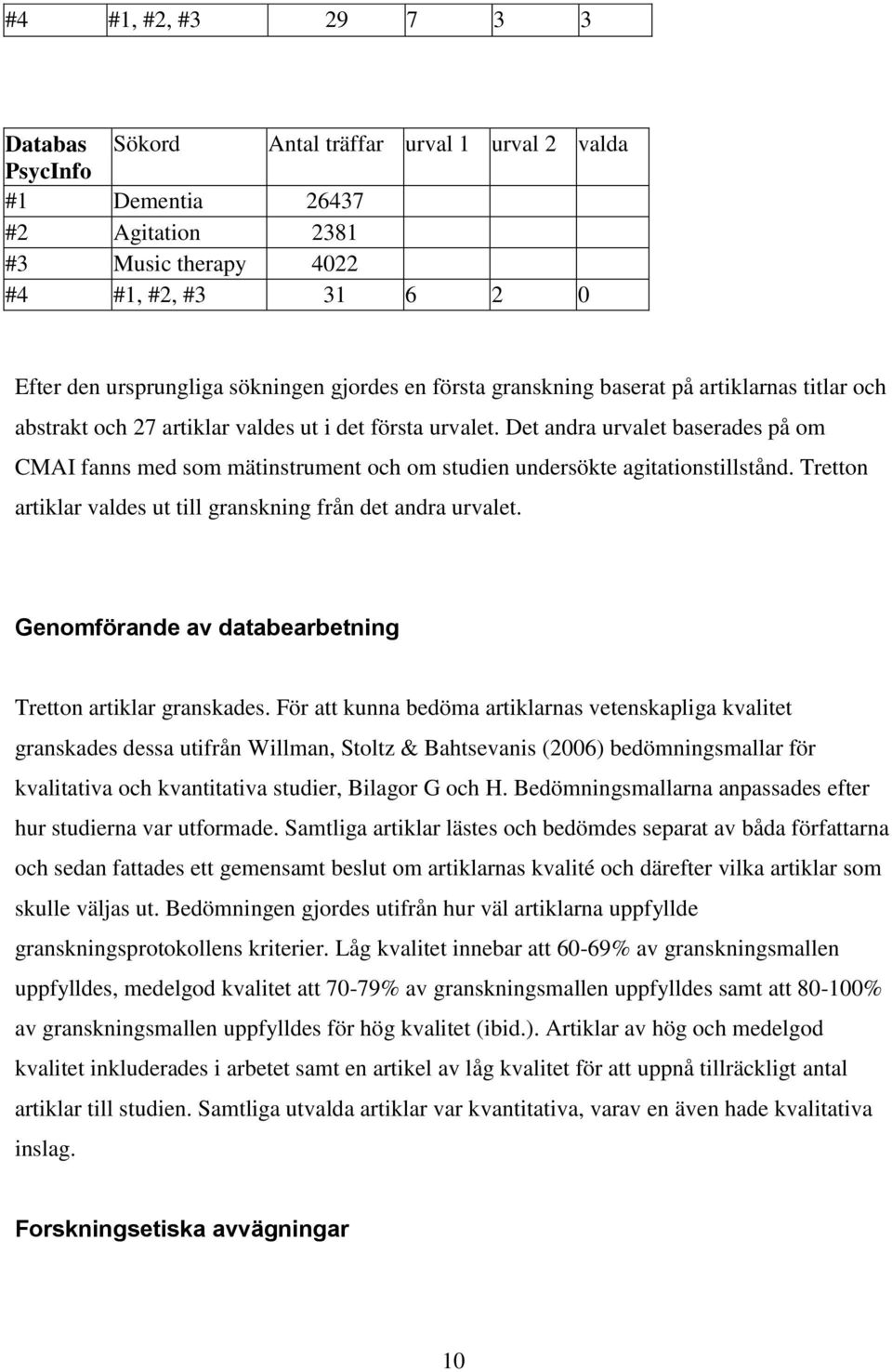 Det andra urvalet baserades på om CMAI fanns med som mätinstrument och om studien undersökte agitationstillstånd. Tretton artiklar valdes ut till granskning från det andra urvalet.