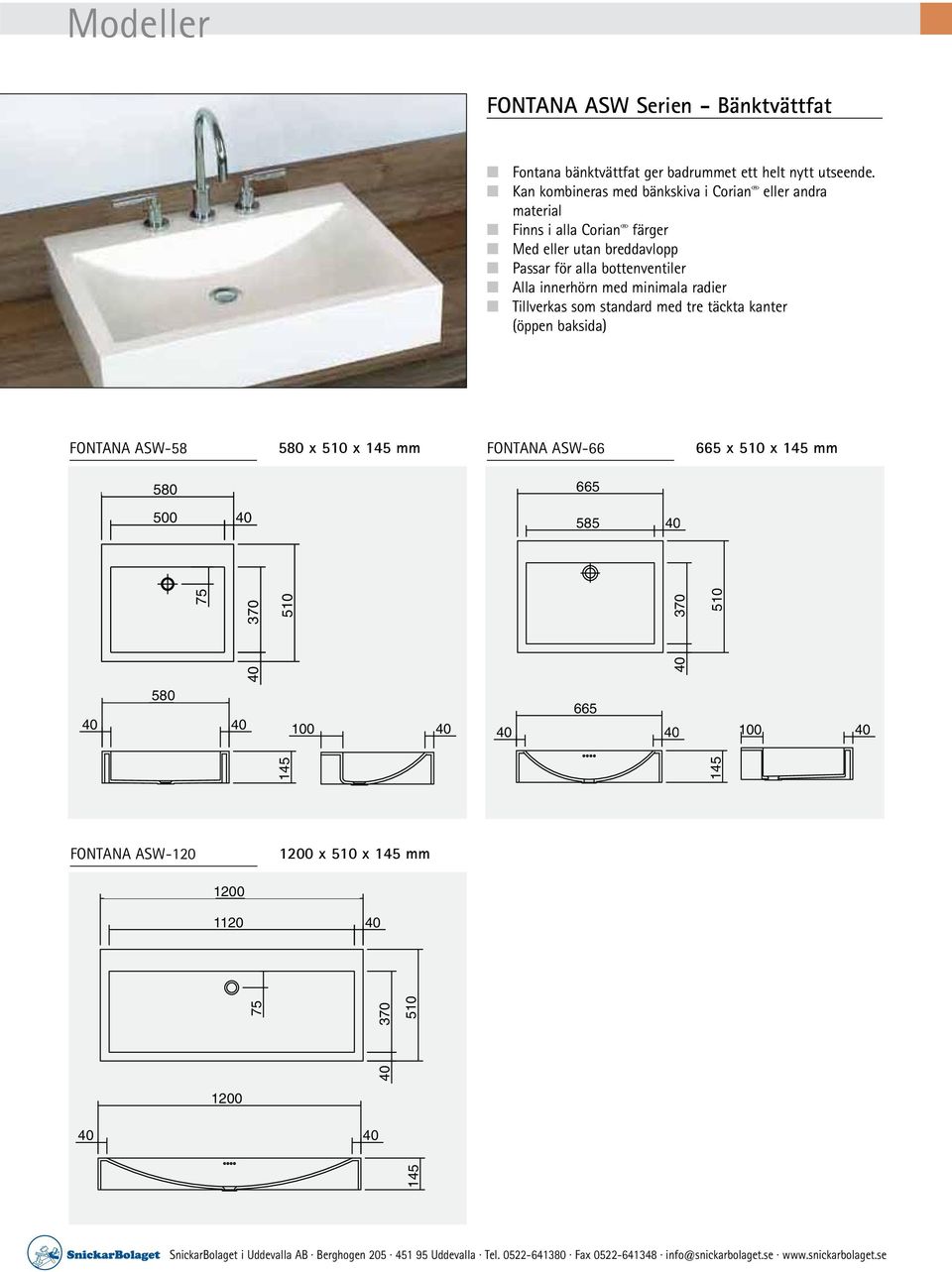 Alla innerhörn med minimala radier Tillverkas som standard med tre täckta kanter (öppen baksida) FONTANA ASW-58 580 x