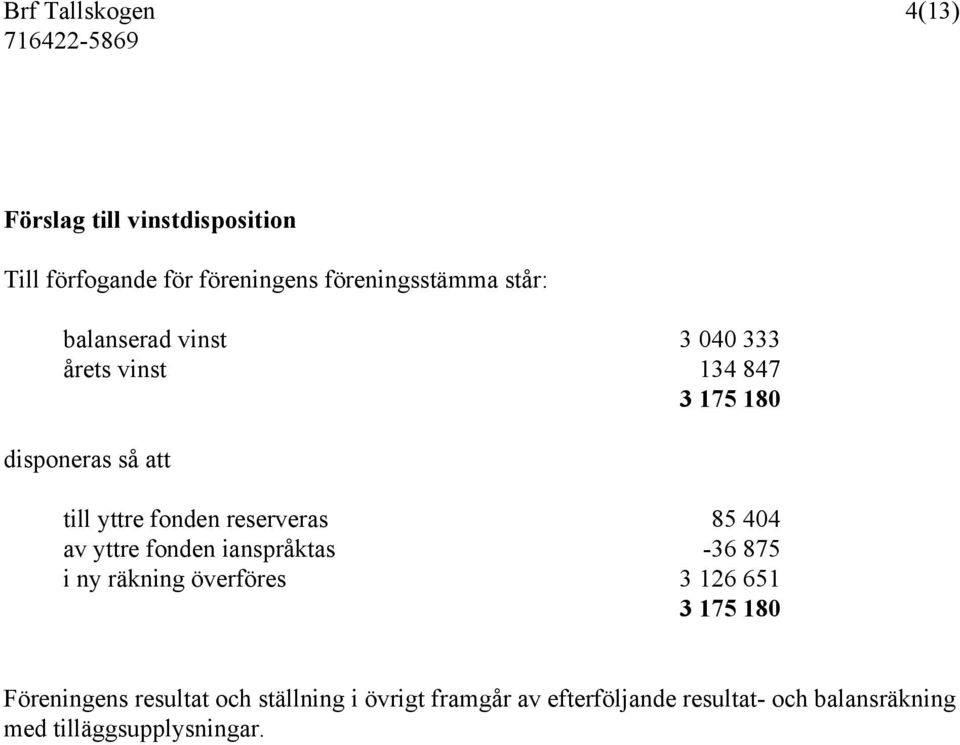 85 404 av yttre fonden ianspråktas -36 875 i ny räkning överföres 3 126 651 3 175 180 Föreningens