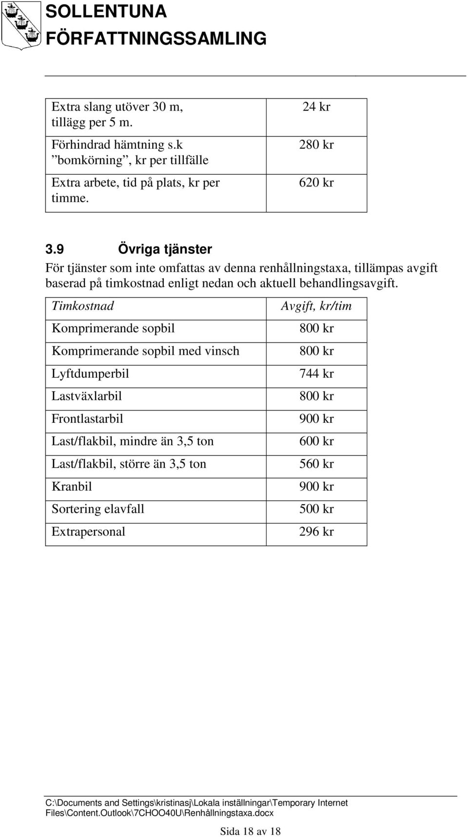9 Övriga tjänster För tjänster som inte omfattas av denna renhållningstaxa, tillämpas avgift baserad på timkostnad enligt nedan och aktuell