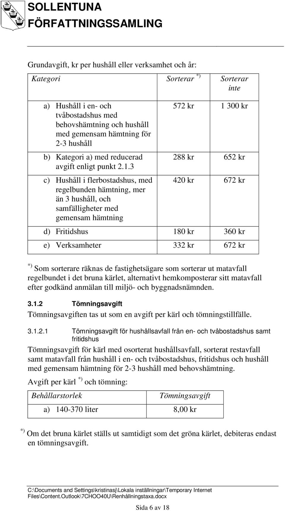 3 c) Hushåll i flerbostadshus, med regelbunden hämtning, mer än 3 hushåll, och samfälligheter med gemensam hämtning 572 kr 1 300 kr 288 kr 652 kr 420 kr 672 kr d) Fritidshus 180 kr 360 kr e)