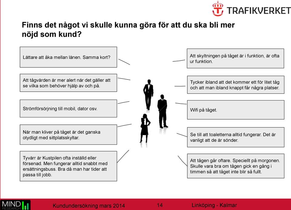 Strömförsörjning till mobil, dator osv. Wifi på tåget. När man kliver på tåget är det ganska otydligt med sittplatsskyltar. Se till att toaletterna alltid fungerar. Det är vanligt att de är sönder.