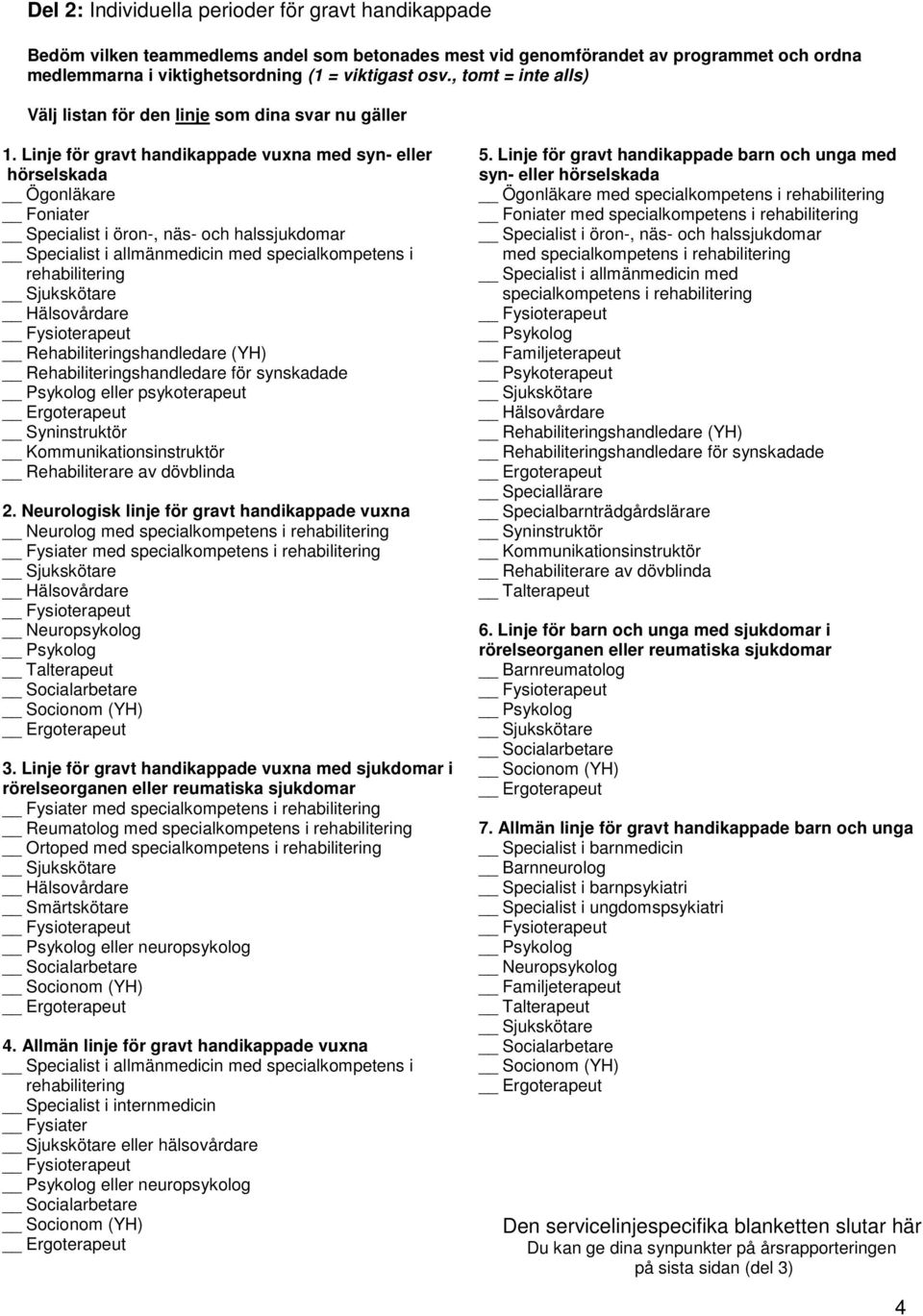 Linje för gravt handikappade vuxna med syn- eller hörselskada Ögonläkare Foniater Specialist i öron-, näs- och halssjukdomar Specialist i allmänmedicin med specialkompetens i rehabilitering