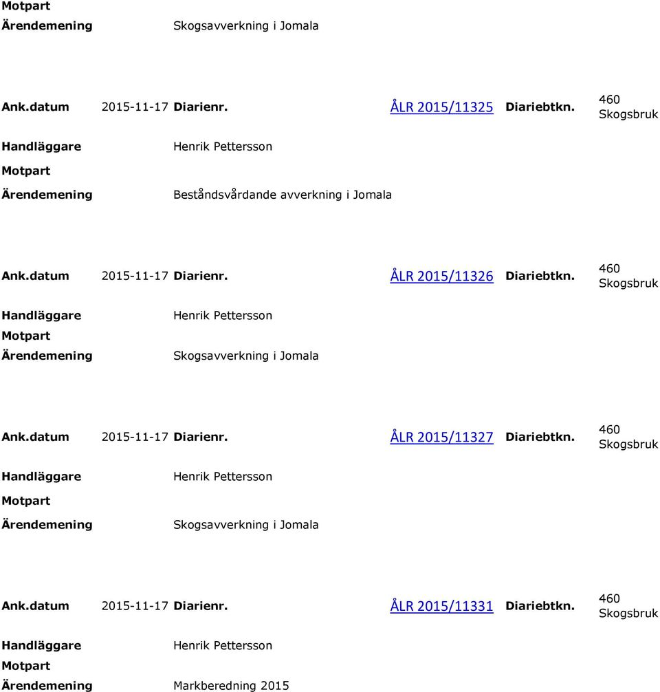 ÅLR 2015/11326 Diariebtkn. Skogsavverkning i Jomala Ank.datum 2015-11-17 Diarienr.