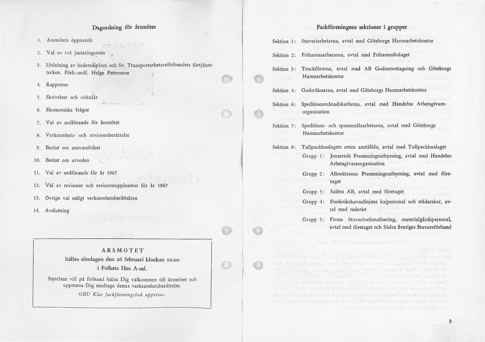 V al av ord förande för årsmötet 8. Verksamhets- och revisionsberättelse 9. Beslut om ansvarsfrihet 10. Beslut om arvoden 11. Val av ordförande för år 1967 12.