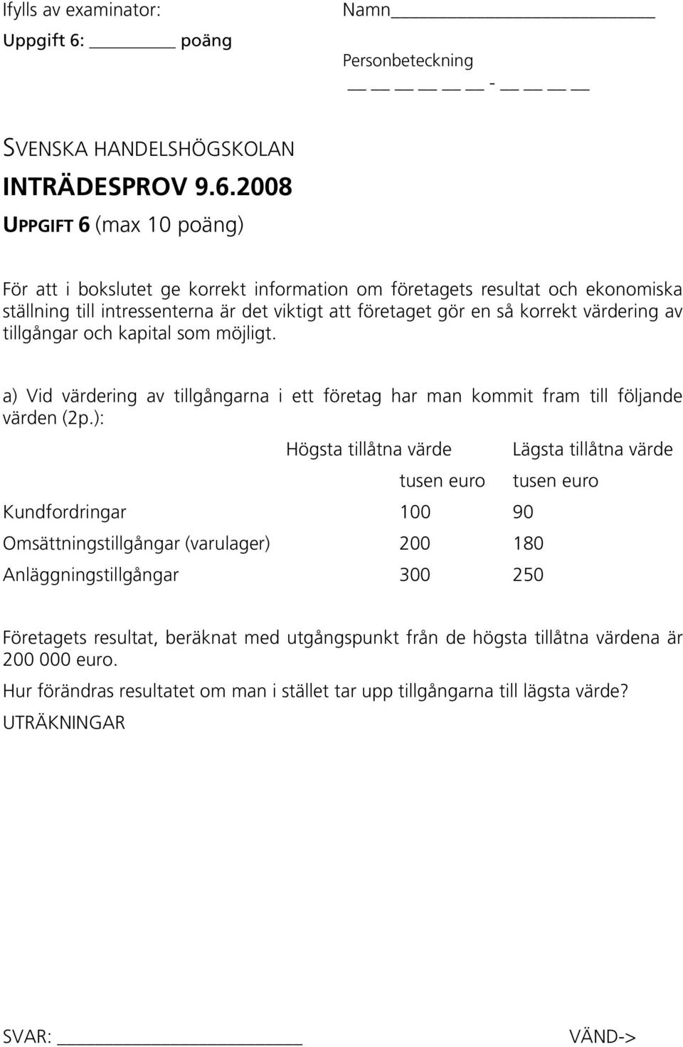 2008 UPPGIFT 6 (max 10 poäng) För att i bokslutet ge korrekt information om företagets resultat och ekonomiska ställning till intressenterna är det viktigt att företaget gör en så korrekt värdering