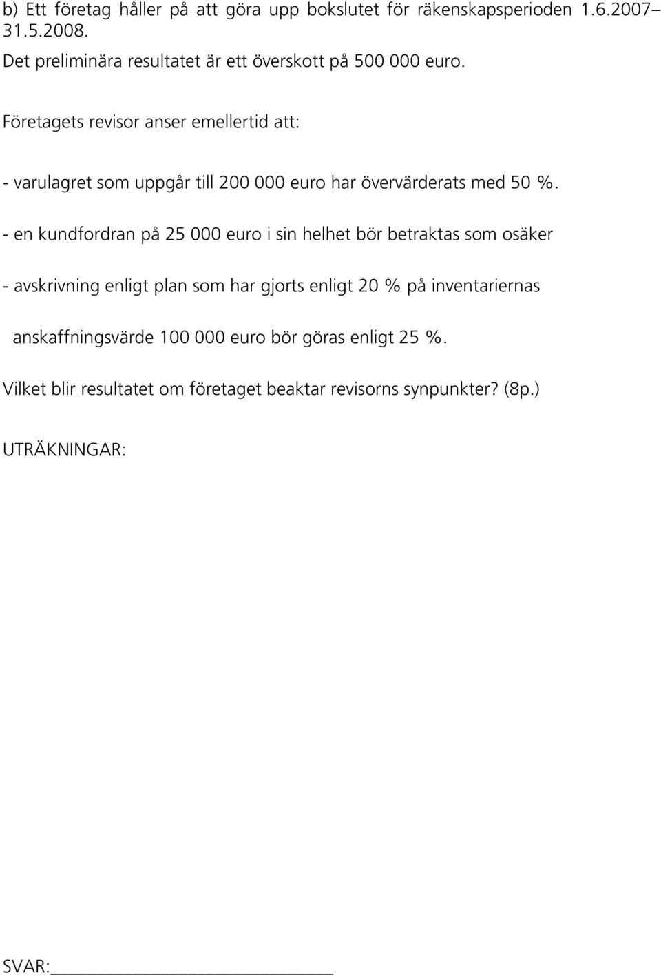 Företagets revisor anser emellertid att: - varulagret som uppgår till 200 000 euro har övervärderats med 50 %.