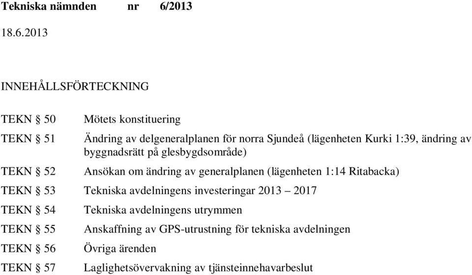 1:14 Ritabacka) TEKN 53 Tekniska avdelningens investeringar 2013 2017 TEKN 54 TEKN 55 TEKN 56 TEKN 57 Tekniska