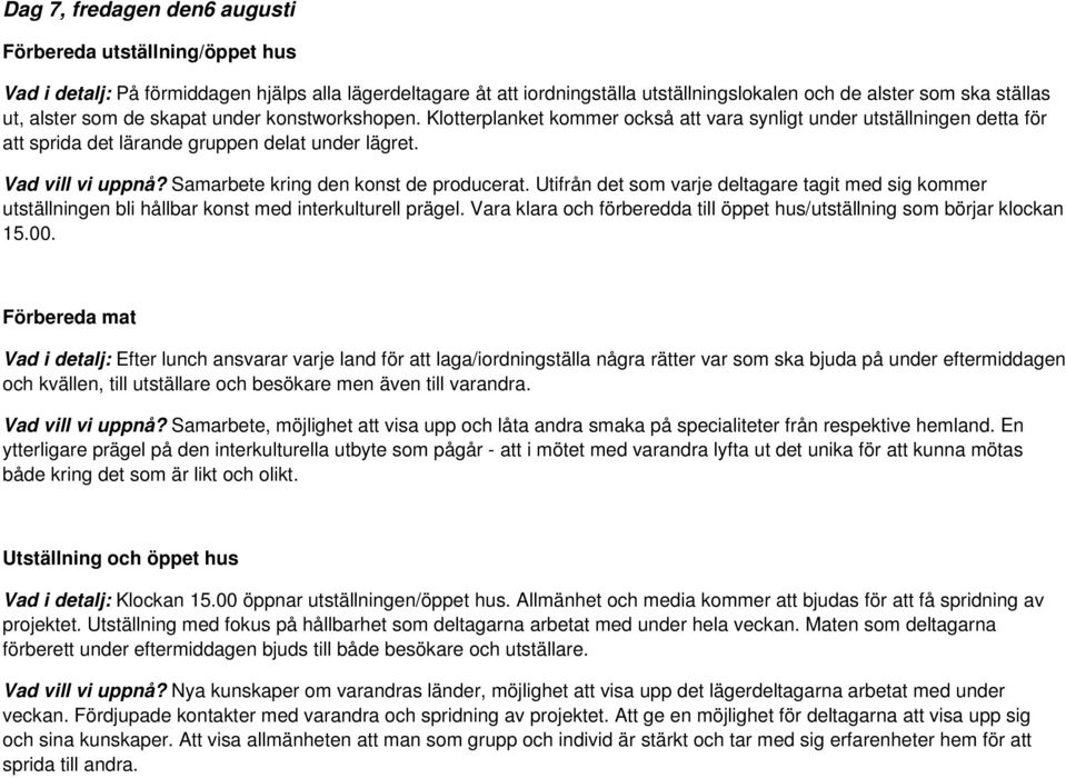 Samarbete kring den konst de producerat. Utifrån det som varje deltagare tagit med sig kommer utställningen bli hållbar konst med interkulturell prägel.