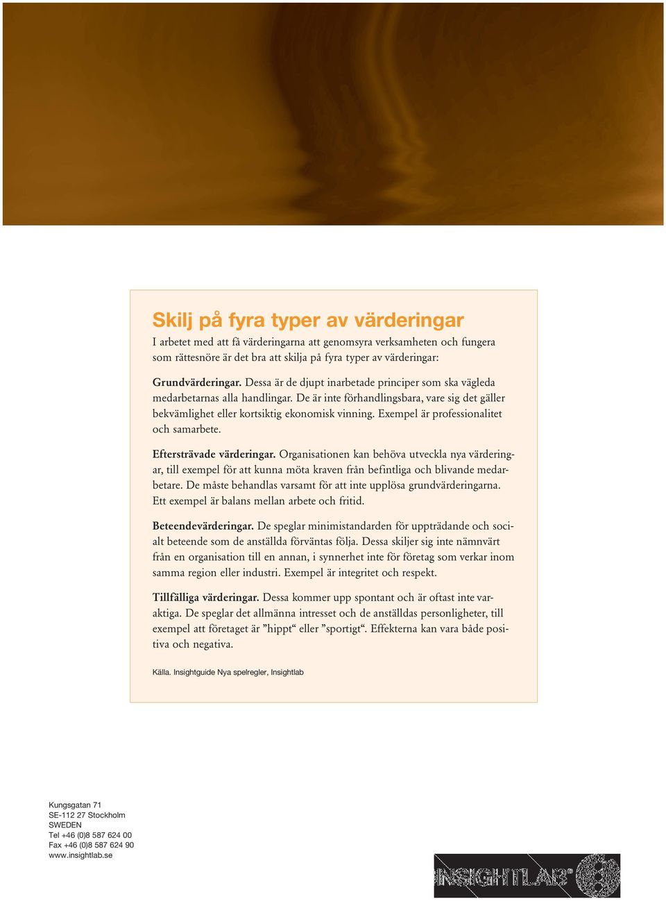 Exempel är professionalitet och samarbete. Eftersträvade värderingar.