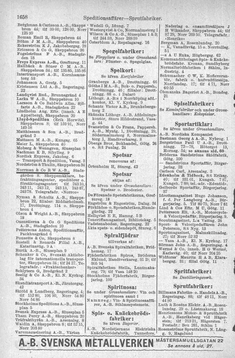 1658 Speditionsaffärer-Sprutfabriker. Berghman&Carlsson'A.-B.,Skepps' Wedell G, Idung. 7 bron 44; tif 3900, 12800, Norr Westerqvist &Co, Norrmalmstorg 1 12599 Wilson & Co A.-B.; Slussplan 1 & 3; Boman Emil R, Skeppsbron 44 tif 24433, Norr 28859 Böhm J M A.