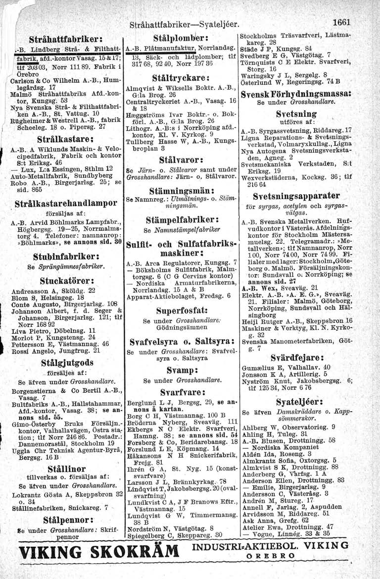 l!., ) (tr åh allfabru.er, [.13. Lindberg' Strå:.& Filthatt- '~afd. kontorvasag.15&17; tu <!Uil03,Norr 11189. Fabrik i / Örebro ' Cartson å Co Wilhelm A.-B:, Humlegårdsg.