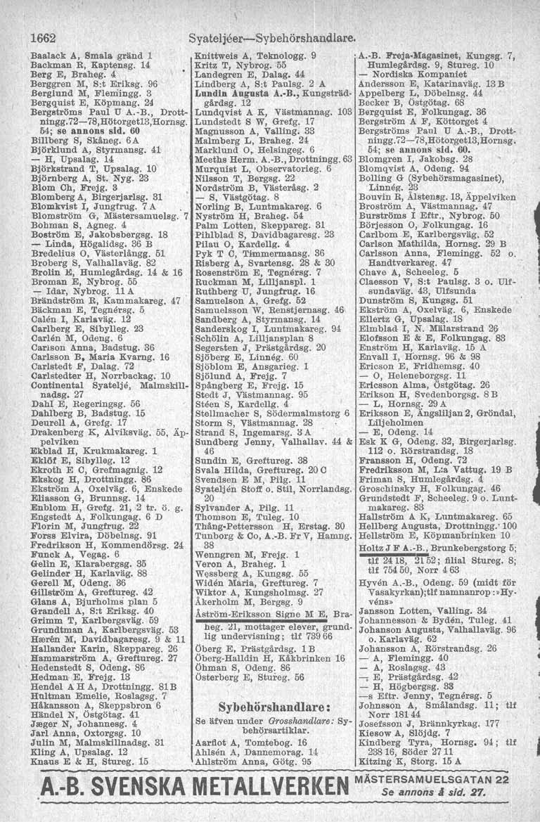 1662 Baalack A, Smala gränd 1 Backman R, Kaptensg. 14 Berg E, Braheg. 4, Berggren JI![, S:t Eriksg. 96 Berglund JI![' Flemingg. 3 Bergquist E, Köpmang, 24 Bergströms Paul U A.-B., Drottningg.