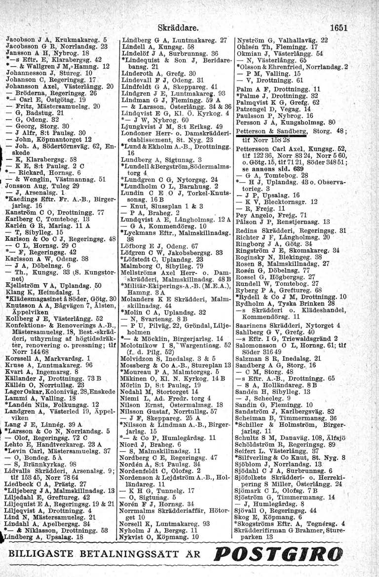 l;,\ Skräddare. Jacobson J A, Krukmakareg.' 5 Lindberg G A, Luntmalmreg. 27 Jacobsson G R,' Norrlandsg. 23 Lindell A, Kungsg. 58 Jansson A H,.,Nybrog. 18 Lindelöf J A, Surbrunnsg. 36 -Ii Eftr.