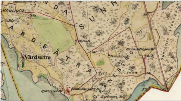Lantmäterimyndighetens arkiv, Bondkyrko, Vårdsätra, gränsbestämning 1894. På 1861 års häradskarta över Ulleråker framträder den bredare bilden av Vålbos läge och förhållande till omkringliggande torp.
