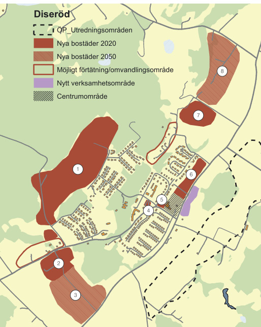 Bostadsutbyggnad Utbyggnadskartor Planerade och möjliga bostäder enligt ÖP Diseröd tätort Underlagsrapporten för bostäder och verksamheter redovisar i perspektivet fram till år 2020 möjligheten att