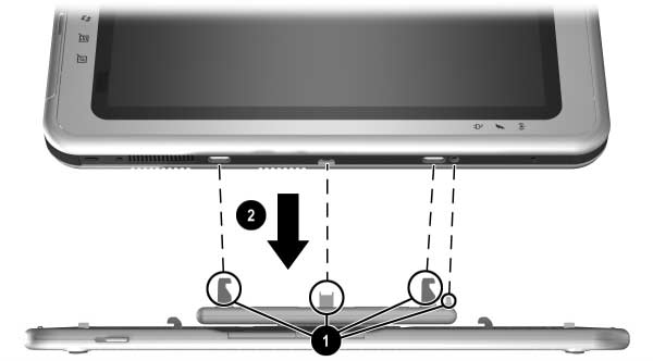 Anslutningar för externa enheter 3. Placera PC-plattan horisontellt ovanför tangentbordet, med PC-plattans framsida mot tangentbordet. Placera PC-plattan ovanför tangentbordet 4.