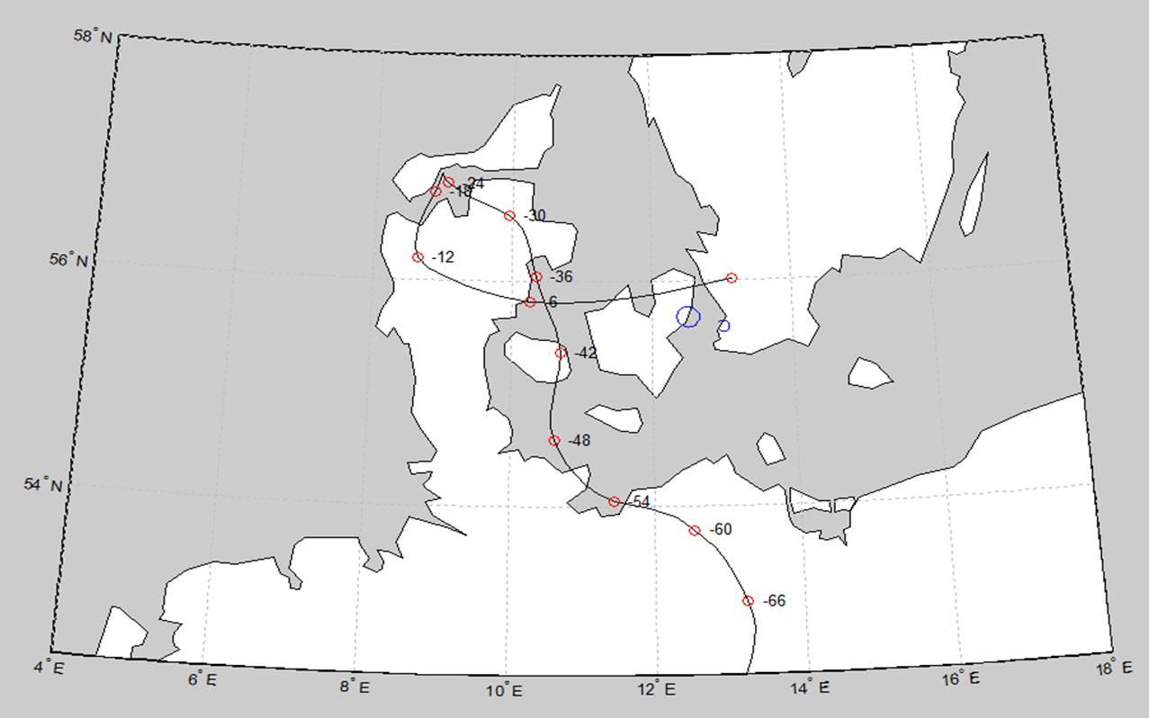 markera Köpenhamns placering utifrån dess koordinater. Detta är den blå ringen i figur 4.3 som är en cirkel med centrum i 55 41 N, 12 31 Ö och radien 10 km.