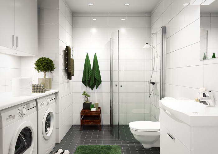 WC/Dusch/Tvätt Det helkaklade badrummet är bl a utrustat med spotlights, komfortvärme i golvet, vägghängd toalett, kommod och badkar.